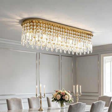 40'' Gold Crystal Chandelier for Dining Room, 10-Light Modern Flush Mount Crystal Ceiling Light, Luxury Dimmable K9
