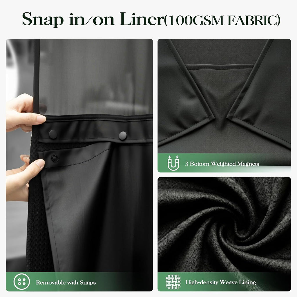 Black Hook Free Waffle Shower Curtain & Snap-in Fabric Liner,72x75 | Less Time to install, 3 in 1 Fabric Shower