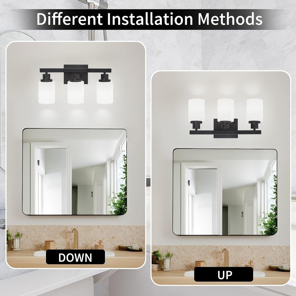 3-Light Bathroom Light Fixtures Over Mirror, Modern Matte Black Vanity Lights with White Frosted Glass Shade