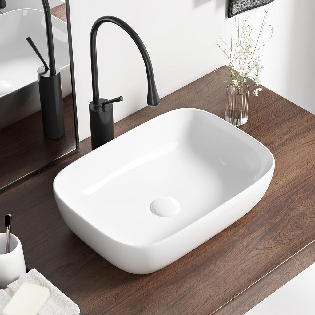 Vessel Sink Bowl Above Counter, QISHKA 18.3" x 13" Ceramic Oval Modern Bathroom Sink White Vanity Sink Lavatory Art