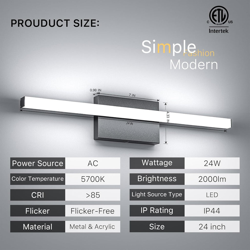24 Inch LED Bathroom Vanity Light Bar 5700K Dimmable Led Bathroom Light Over Mirror Modern Bath Wall Light Cool White