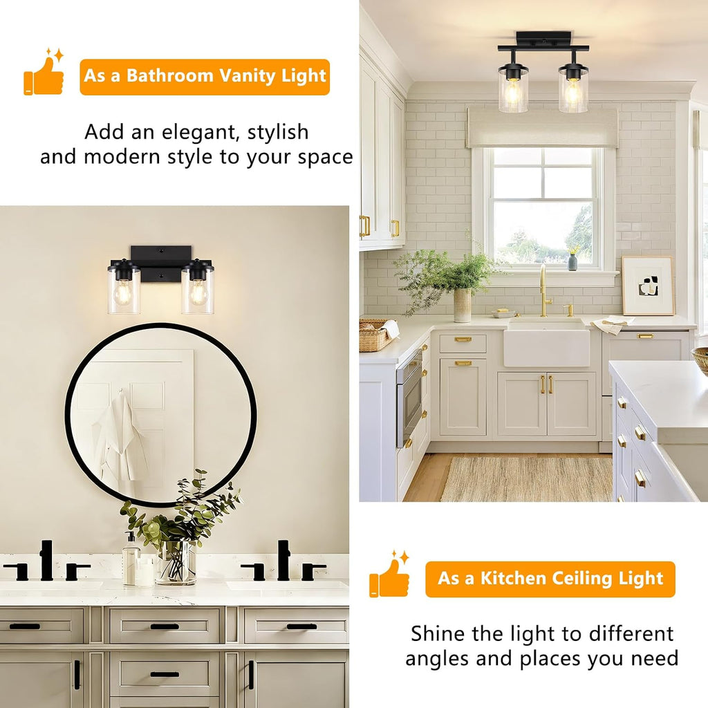 2-Lights Semi Flush Mount Ceiling Light, Modern Black Kitchen Light Fixtures Ceiling with Clear Glass Shade