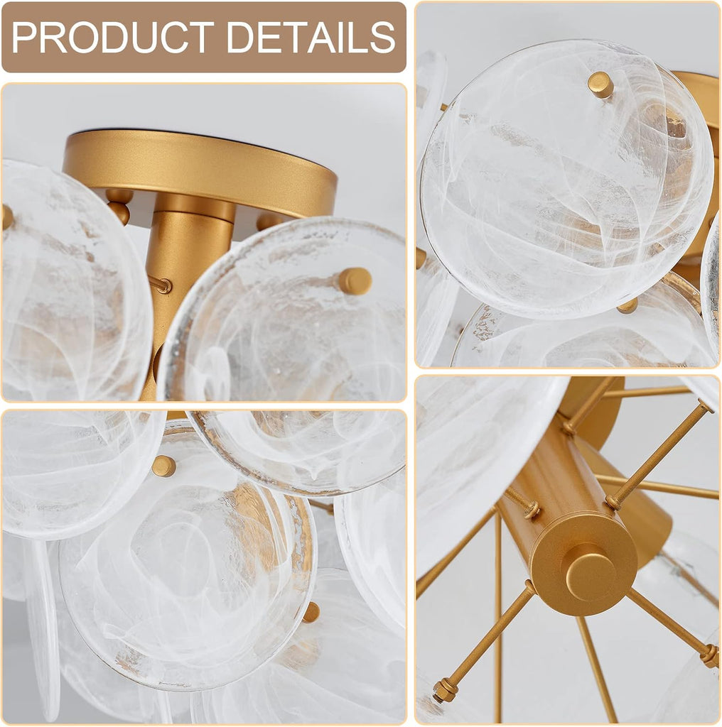 Modern Flush Mount Glass Ceiling Light, Gold Hallway Lights Vintage Chandelier, 4-Light Unique Light Fixture Entryway