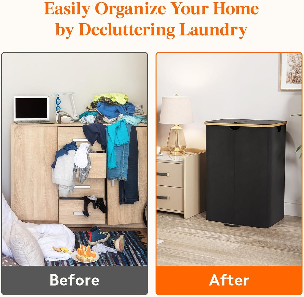 150L Double Laundry Hamper with Lid, Large Laundry Basket with Removable Bag & Bamboo Handles, Fodable Tall Dirty