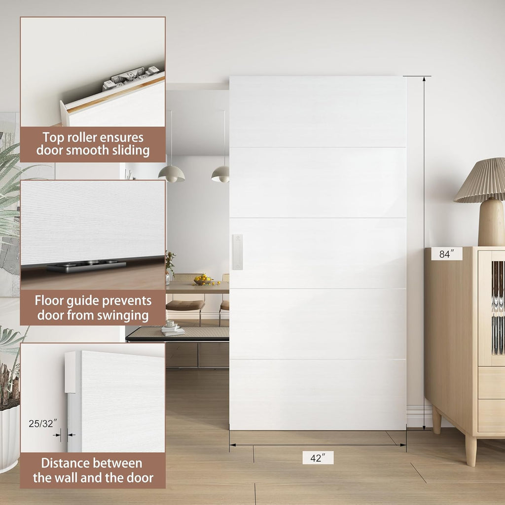 42"x84" Concealed Sliding Barn Door with Horizontal Groove and Soft Close Hardware Kit, White Flush 