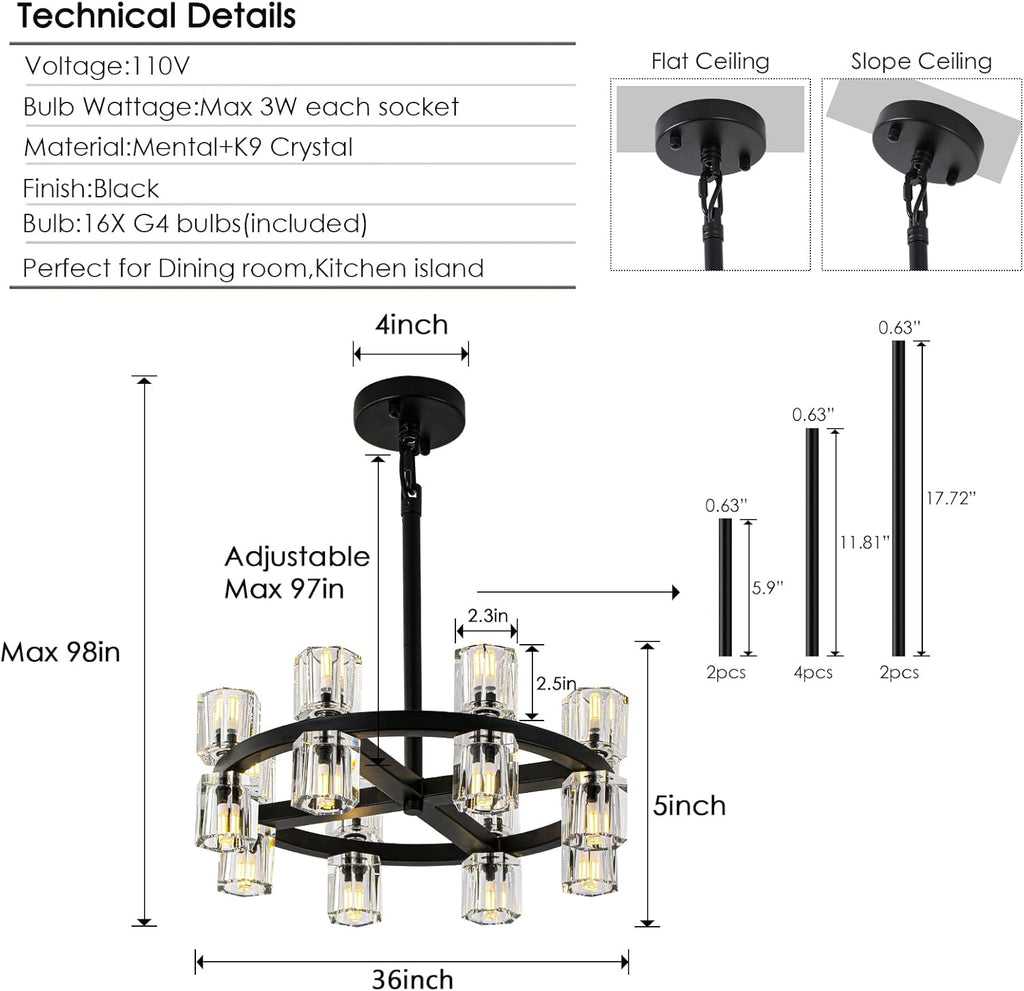 Black Wagon Wheel Chandelier, 18" Modern Farmhouse Chandelier, 16-light Chandelier for Living Room, K9 crystal Chandeliers for Dining Room,Rustic Round Hanging Light Fixture(bulbs included)