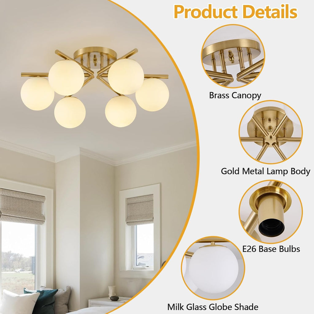 6 Lights Sputnik Ceiling Light Fixture,Semi Flush Mount Ceiling Light Sputnik with Milk Glass Globe, Brushed Brass