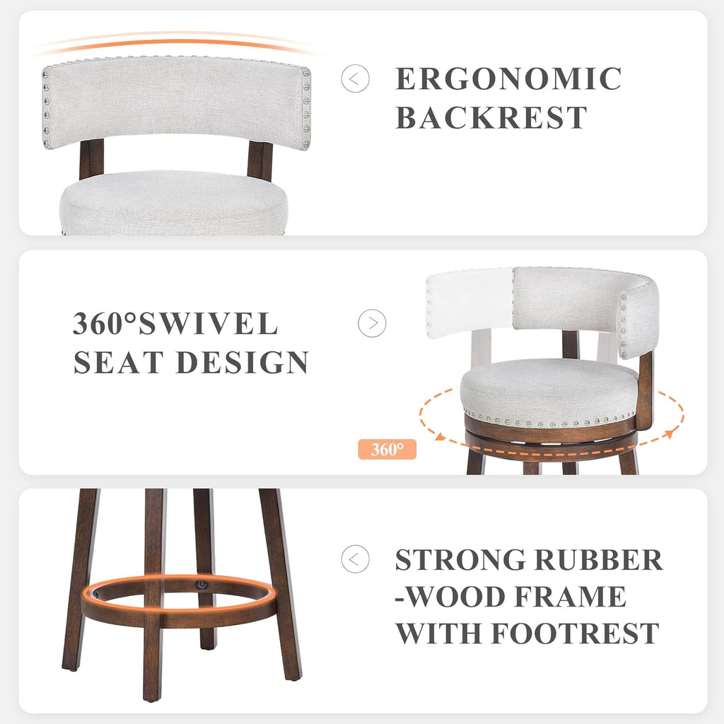 Swivel Bar Stool Set of 2, Modern Swivel Barstool with Back, Counter Height Bar Stools, 25 Inch Upholstered Wood