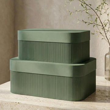 Decorative Storage Boxes with Lids - Set of 2 Beautiful Fluted Photo Organizer Bins for Your Home Bookshelf Decor to