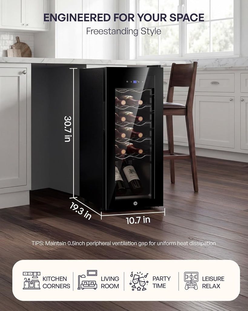 12 Bottle Compressor Wine Cooler Refrigerator, Freestanding Wine Cellar with Gla