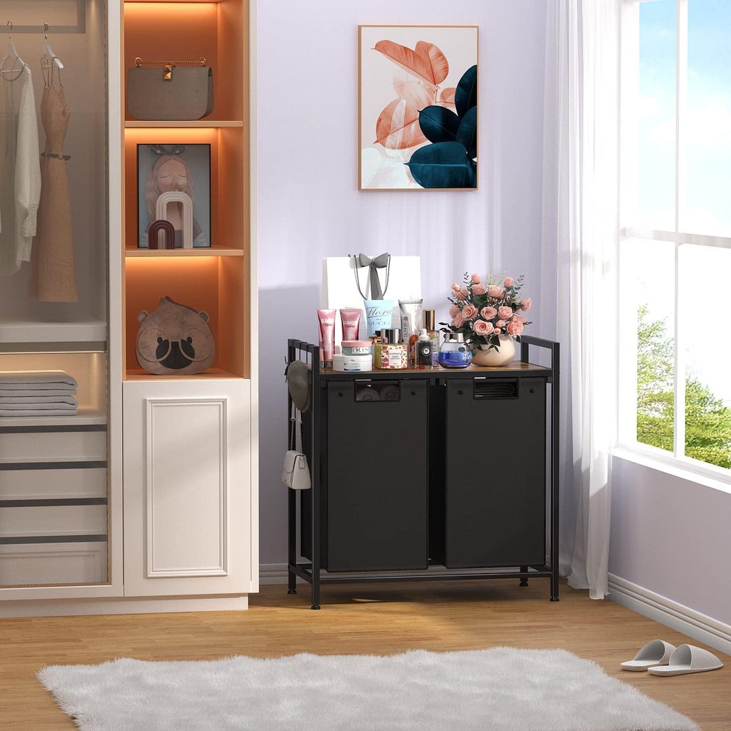 Double Laundry Hamper, Large Portable Laundry Basket, Laundry Sorter with Top Shelf and 2 Bag with Handle for Folding