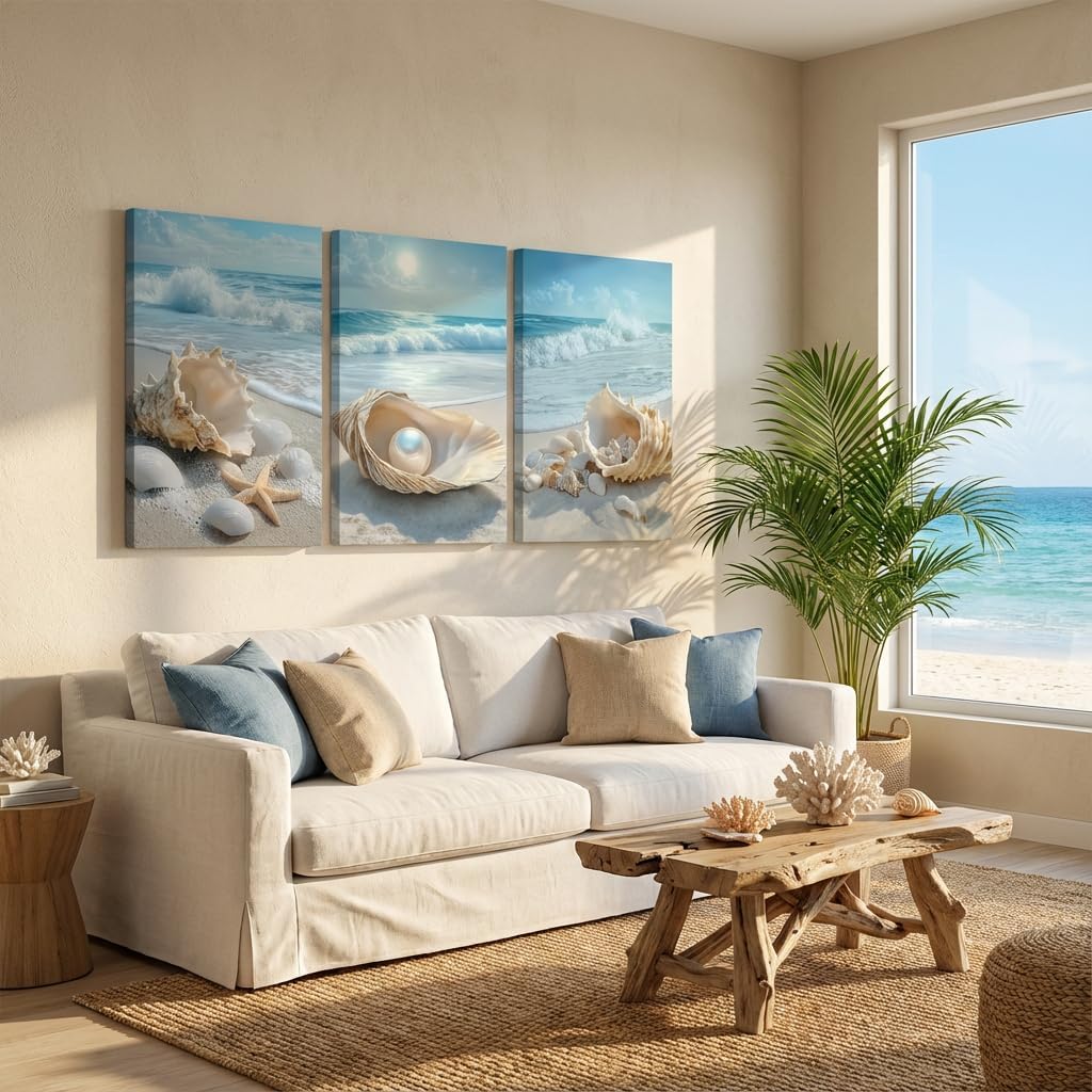 3Pcs Beach Themed Canvas Wall Art | Summer Beach Waves Pictures, Seashells Starfish and Pearl in Ocean Setting