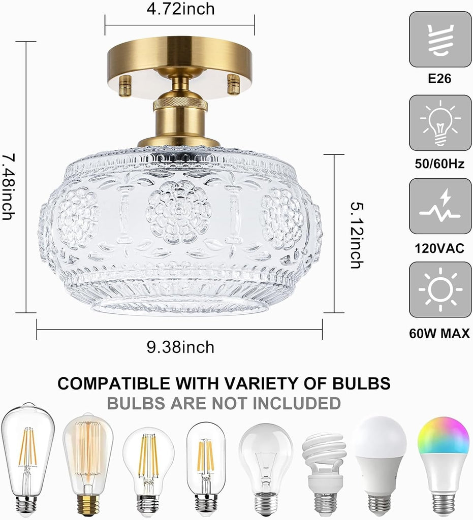 Semi Flush Mount Ceiling Light Fixture - Brass & Floral Glass Shade, Vintage Modern Lighting (Bulb Not Included)