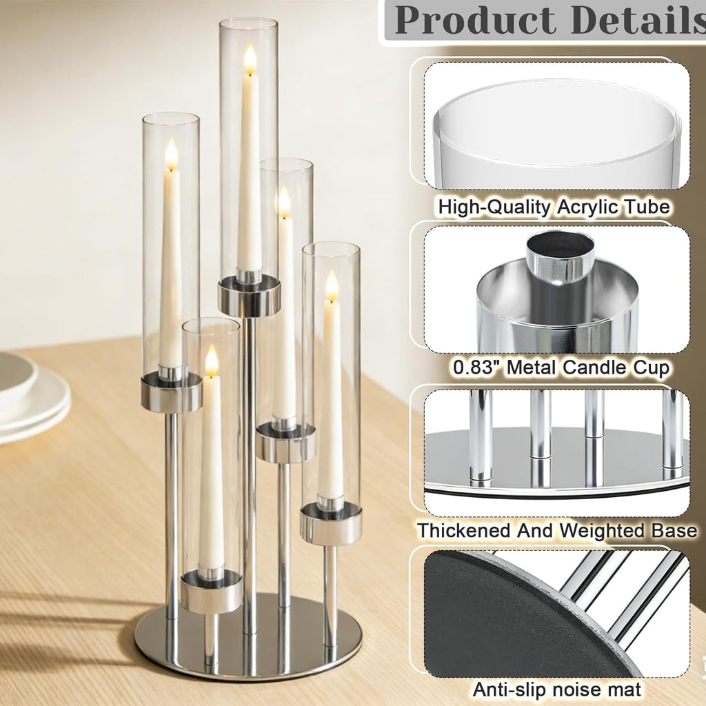 2 Pcs 5-Arm Silver Metal Table Candelabra Centerpiece, 22" Tall Clear Candlesticks Holder with Shade for Valentines