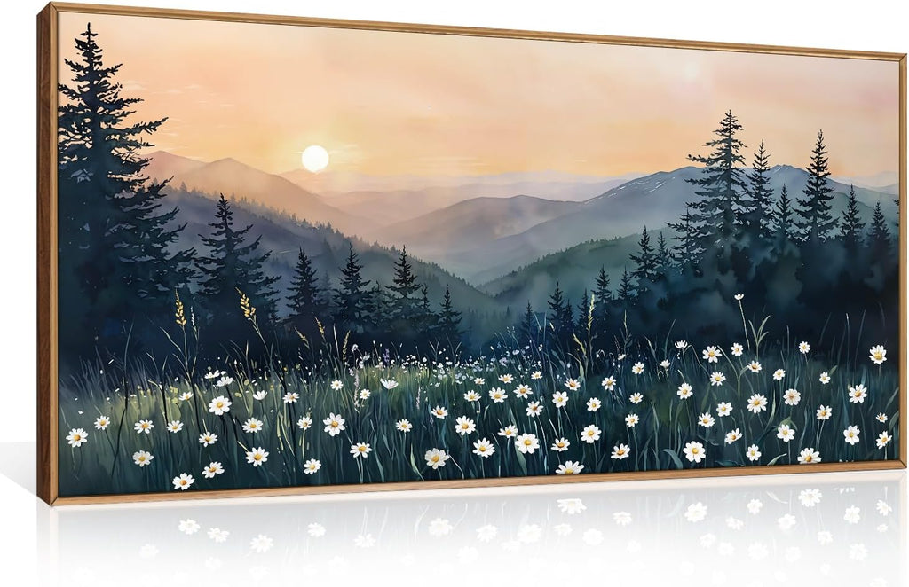 Mountain Floral Landscape Framed Canvas Wall Art Set,Watercolor Forest Wall Decor,Misty Pine Tree Art Prints,Nature