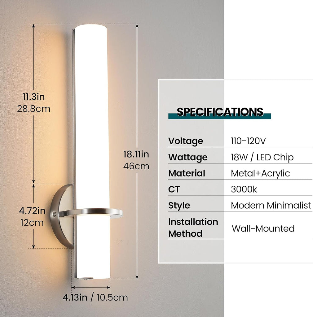 Brushed Nickel Bathroom Sconces Wall Lighting 18W LED Dimmable Vanity Light Fixture, 2700K-5000K Indoor Modern Wall