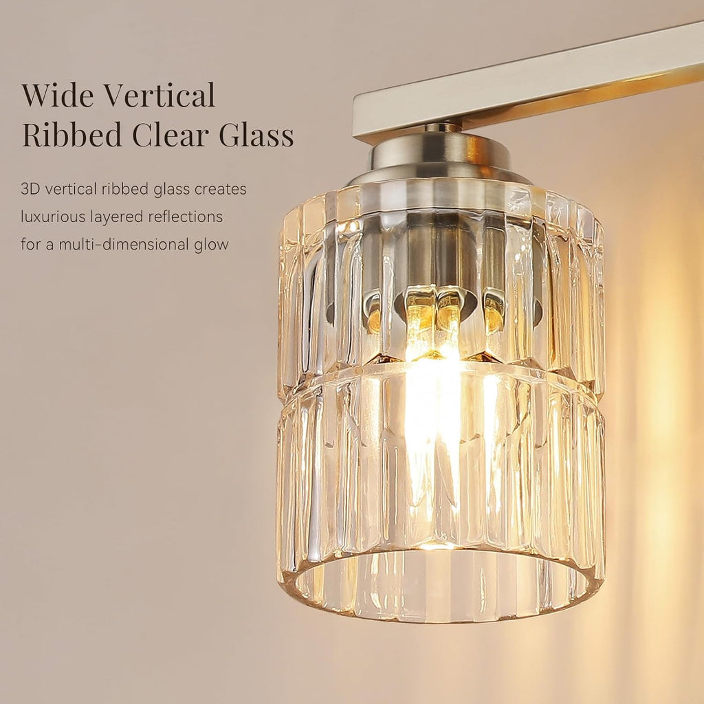 Nickel 4Light Bathroom Vanity Light with Fluted Cylinder Glass Shade | Modern Vanity Lighting Fixtures, Bathroom
