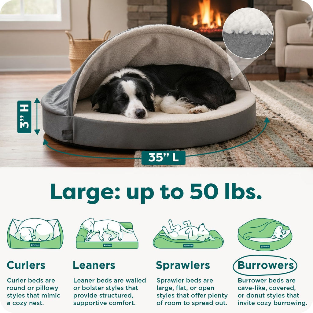 Round Orthopedic Dog Bed for Large Dogs, Egg Crate with a Solid Orthopedic Foam Base with Attached Blanket Hood and Removable Washable Cover, Large, Sherpa & Suede Snuggery, Gray