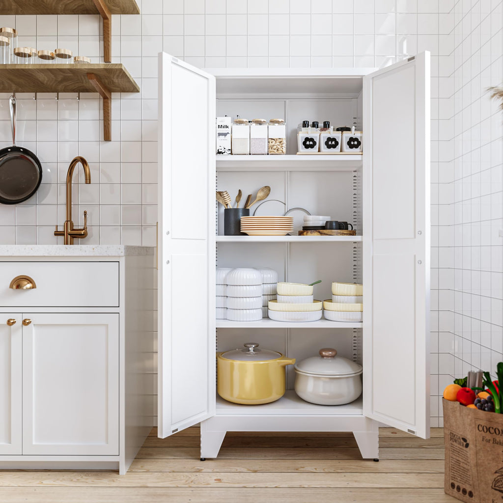 White Farmhouse Storage Kitchen Pantry Cabinet with 2 Barn Door, 3 Adjustable Shelves and Legs, for Cupboard/Dining