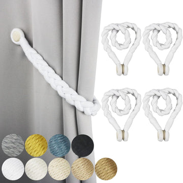 4 Pack White Magnetic Soft Curtain Tiebacks Cotton Hand-Woven Tieback Holdback Home Decorative Tie Backs with Wooden