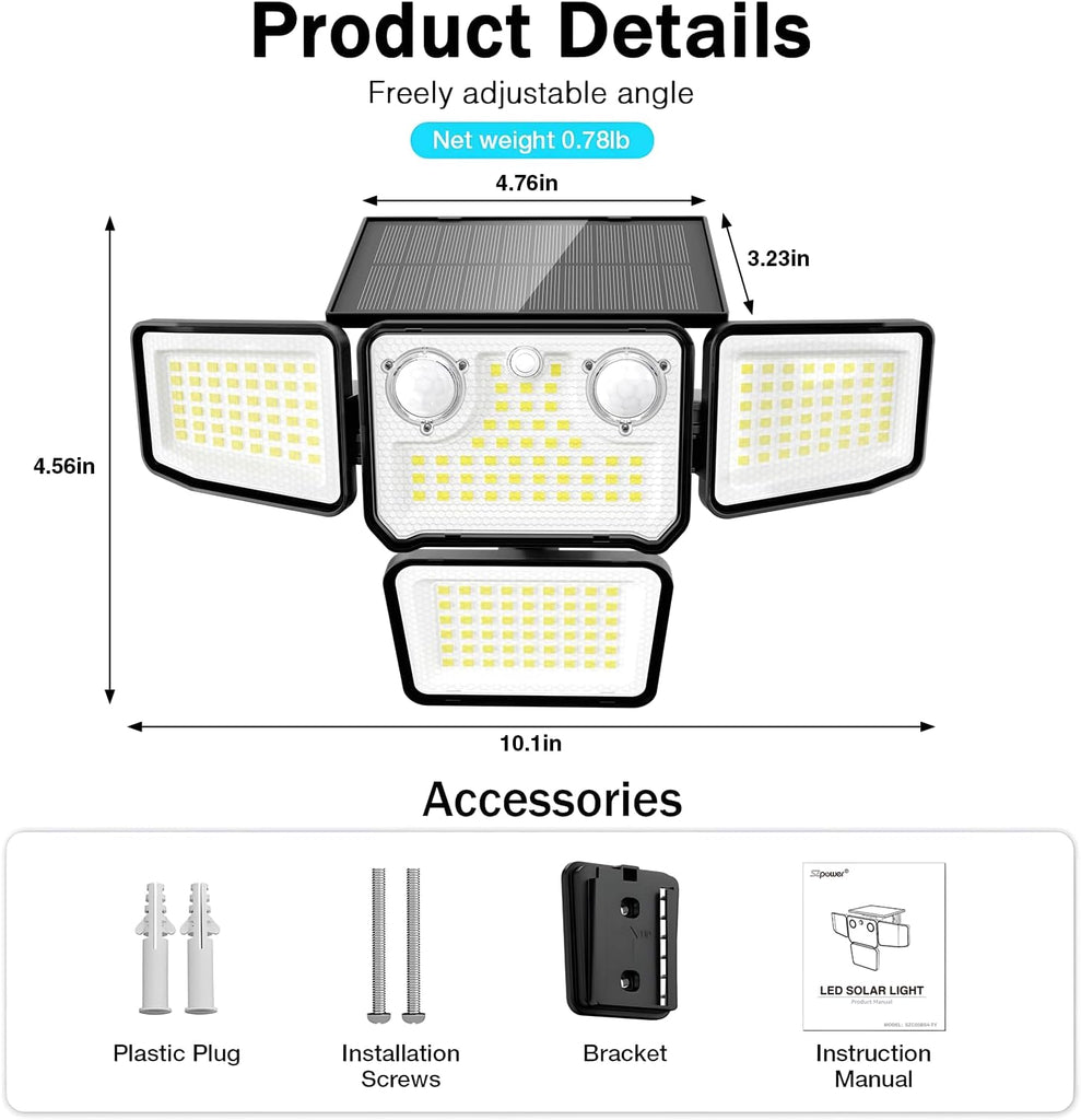 4500LM Solar Lights Outdoor Waterproof, 254 LED Solar Flood Lights Outdoor with 2 Motion Sensor, 4 Heads Security