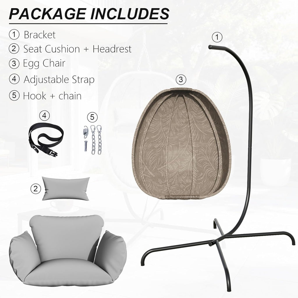 Foldable Egg Chair with Stand, 485LBS Capacity Textilene Hammock Swing Chair for Outdoor & Indoor, Hanging Chair with