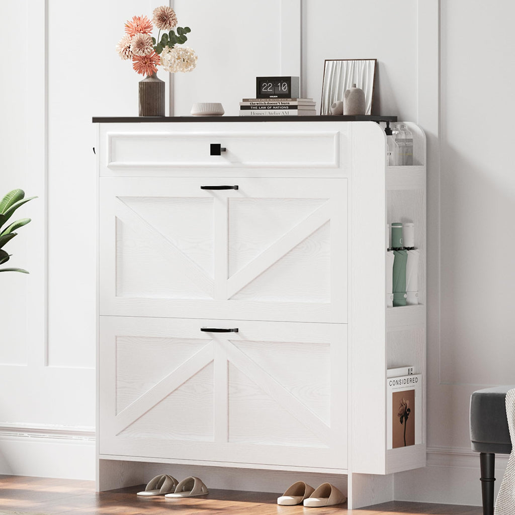 Shoe Storage Cabinet with 2 Flip Drawers & Barn Door, White/Black