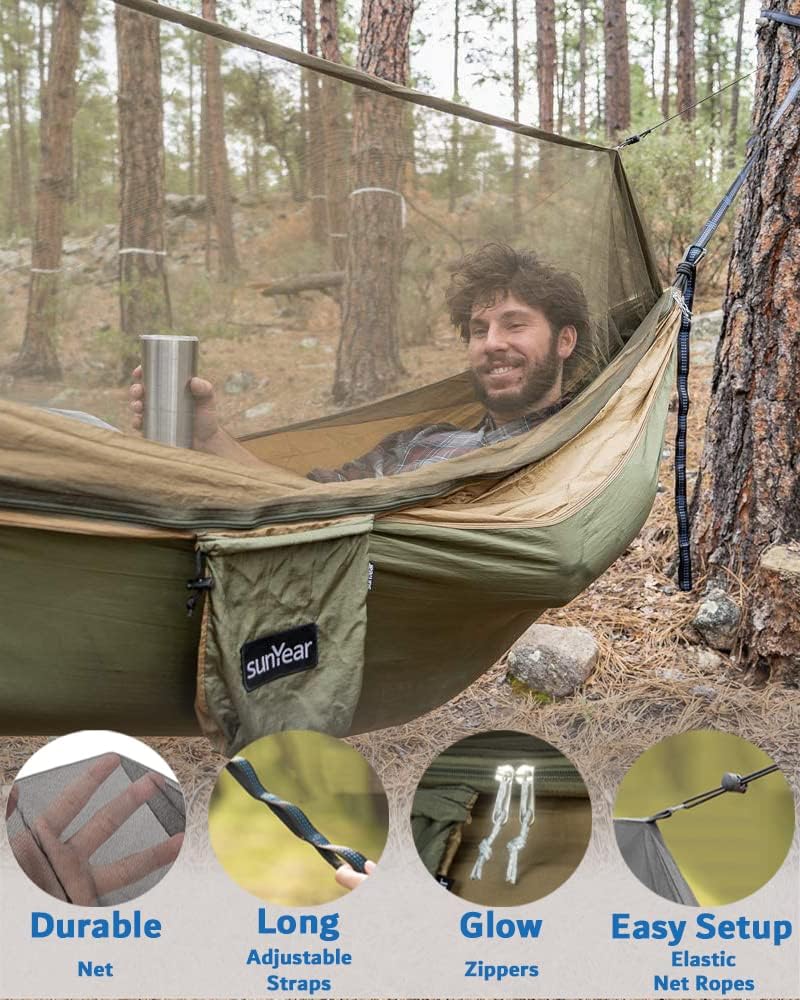 Hammock Camping with Rain Fly Tarp and Net, Portable Camping Hammock Double Tree Hammock Outdoor Indoor Backpacking