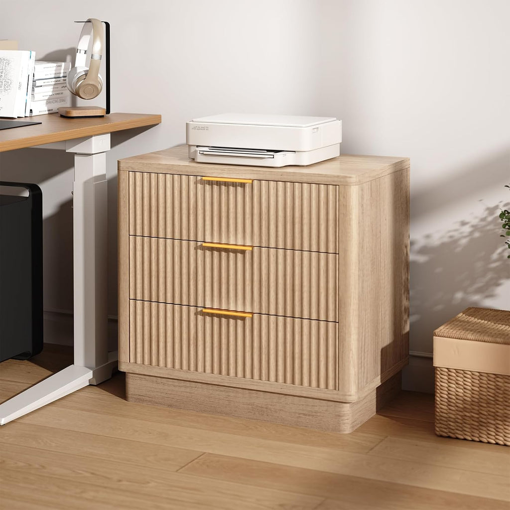 23.6 Inch Nightstand Set of 2 with Charging Station, Natural Oak Fluted Night Stand with 3 Drawer, Large Modern