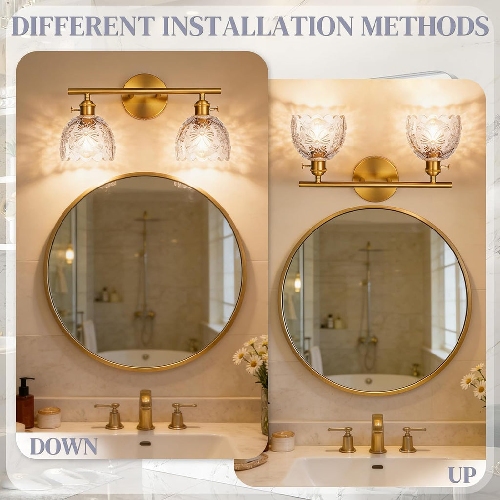 2-Light Bathroom Vanity Light Over Mirror, Brushed Gold Wall Sconce with Clear Floral Glass Shades, Modern Bathroom
