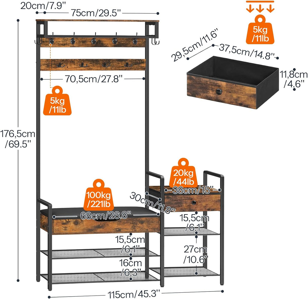 Hall Tree with Bench, Shoe and Coat Rack , Coat Rack with Bench, Flip Top Storage Box, PU Cushioned Seat, Non-Woven