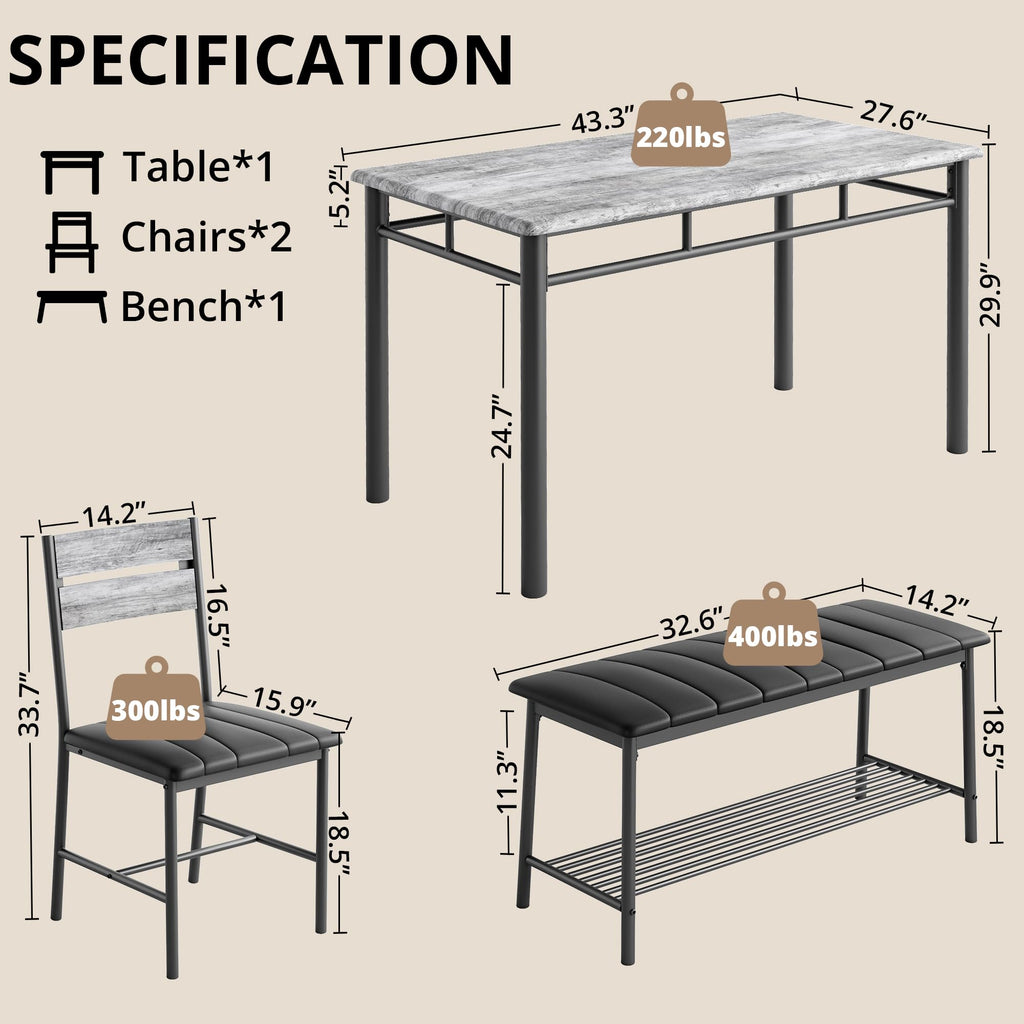 Dining Table Set for 4, Kitchen Table with Upholstered Bench and 2 Chairs, Kitchen Table and Chairs Set for Small