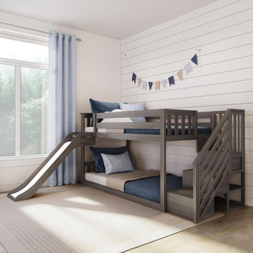 Solid Wood Twin over Twin Low Bunk Beds for Kids with Slide and Stairs, 400 lbs Weight Capacity, 14" Safety Guardrail