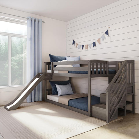 Solid Wood Twin over Twin Low Bunk Beds for Kids with Slide and Stairs, 400 lbs Weight Capacity, 14" Safety Guardrail
