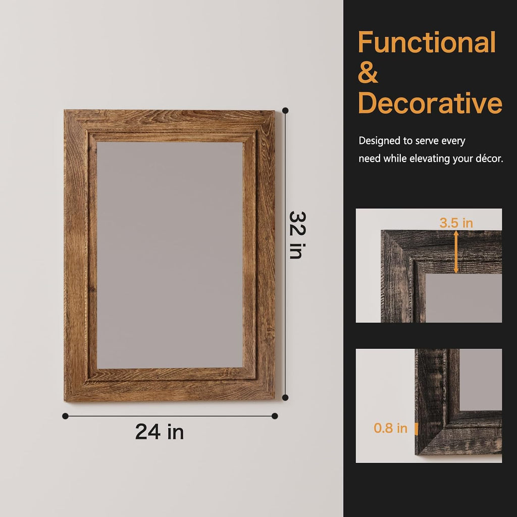 Rustic Wall-Mounted Vanity Mirror, Solid Wood Frame Bathroom Mirror, Farmhouse Style, Horizontal/Vertical Hanging