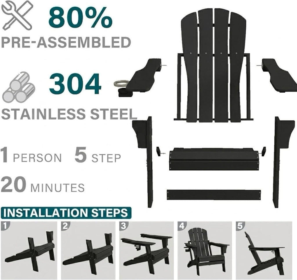 Folding Adirondack Chair with Cup Holder - All-Weather HDPE Outdoor Chair, Ultra-Portable Lawn Chair with Ergonomic