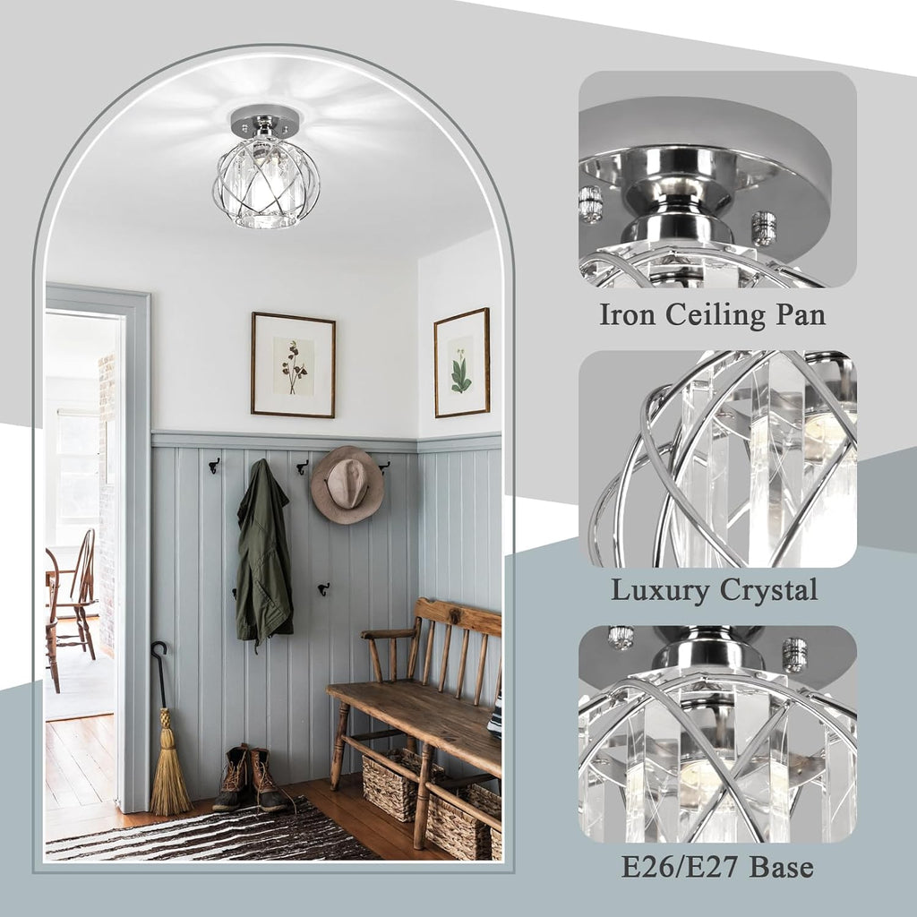 Hallway Light Fixtures Ceiling,Modern Chrome Crystal Ceiling Lights Fixture, Semi Flush Mount E26 Small Hallway