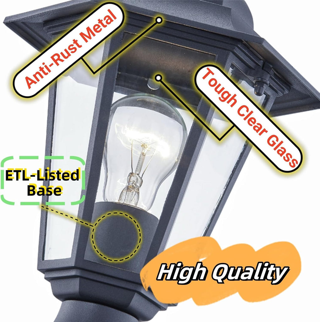 Outdoor Post Light, Pole Lantern, E26 Base 60W Max, Aluminum Housing Plus Glass, Wet Location Rated, ETL Qualified