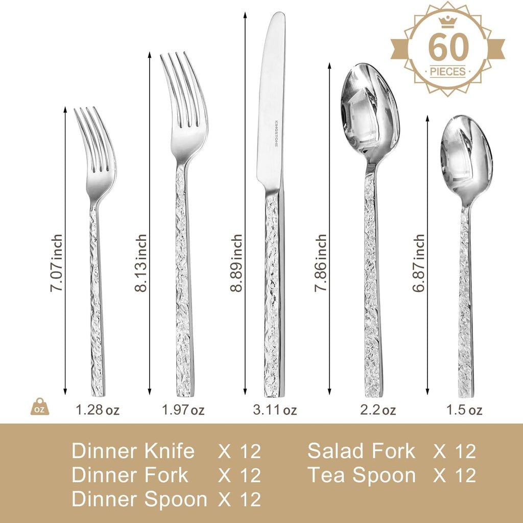 60 Pieces Hammered Silverware Set for 12, 18/10 Stainless Steel Heavy Duty Flatware Set, Tableware Cutlery Utensil Sets