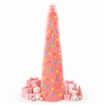 6FT Pop-Up Pink Tinsel, 100 Colorful LED Lights