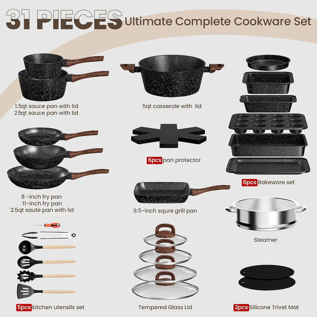 Pots and Pans Set Non Stick, 31 Piece Kitchen Induction Cookware & Bakeware Set, Nonstick Kitchen Cooking Pans Set