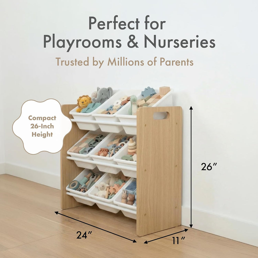 Kids Toy Organizer with 9 Bins, 3 Tier Storage | Sturdy wood and steel toddler shelf, removable BPA-free containers