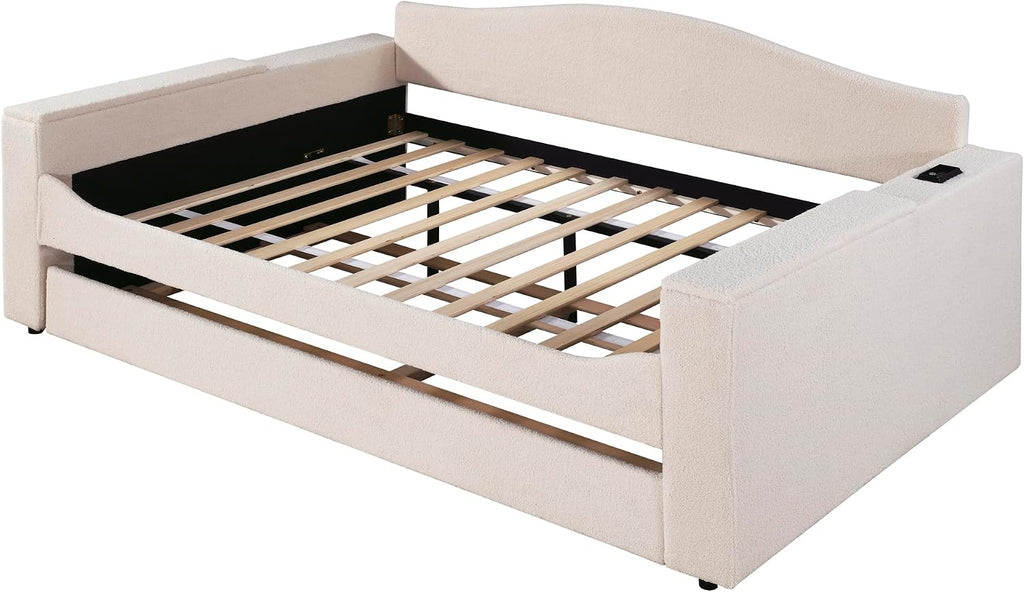 Full Size Upholstered Daybed with Trundle and Storage Armrests,Trundle-Bed with Integrated Bluetooth Audio System