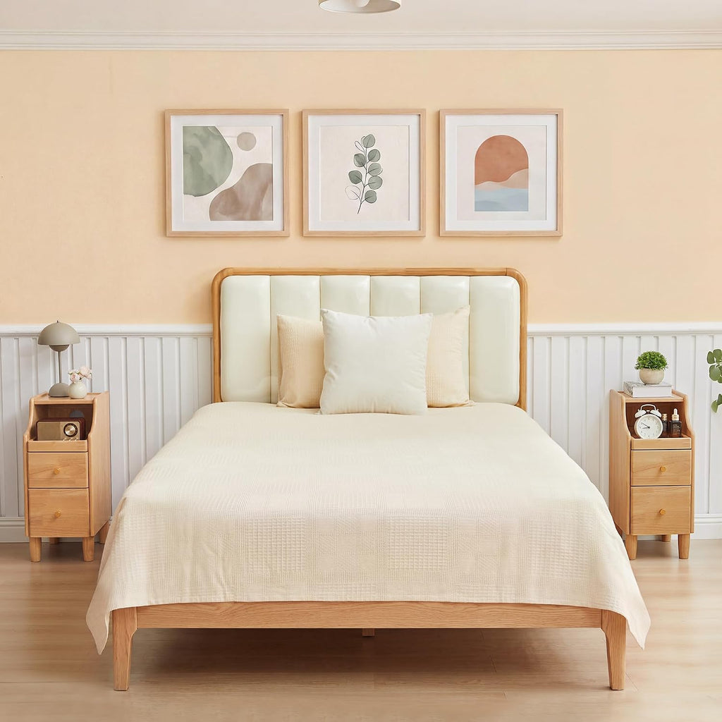 Solid Wood Narrow Nightstand, Slim Bedside Table with 2 Drawers & Slide-Out Tray, Mid-Century Modern End Table Side