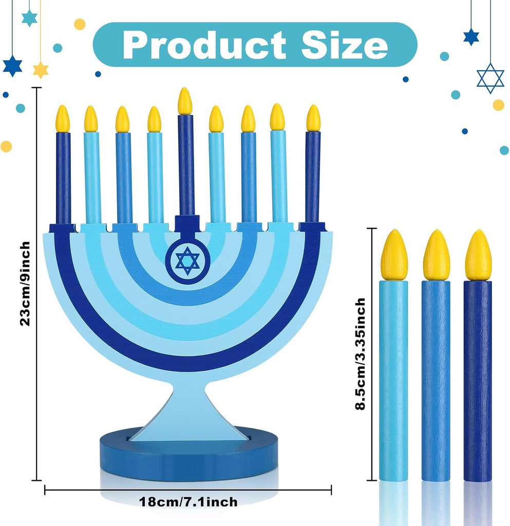 Wooden Hanukkah with 9 Removable Candles,Classic,Blue - Set of 9