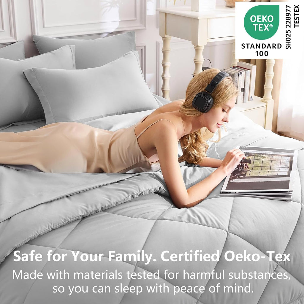 King Comforter Set Light Grey - 7 Pieces Complete Bedding Set - Set of 7