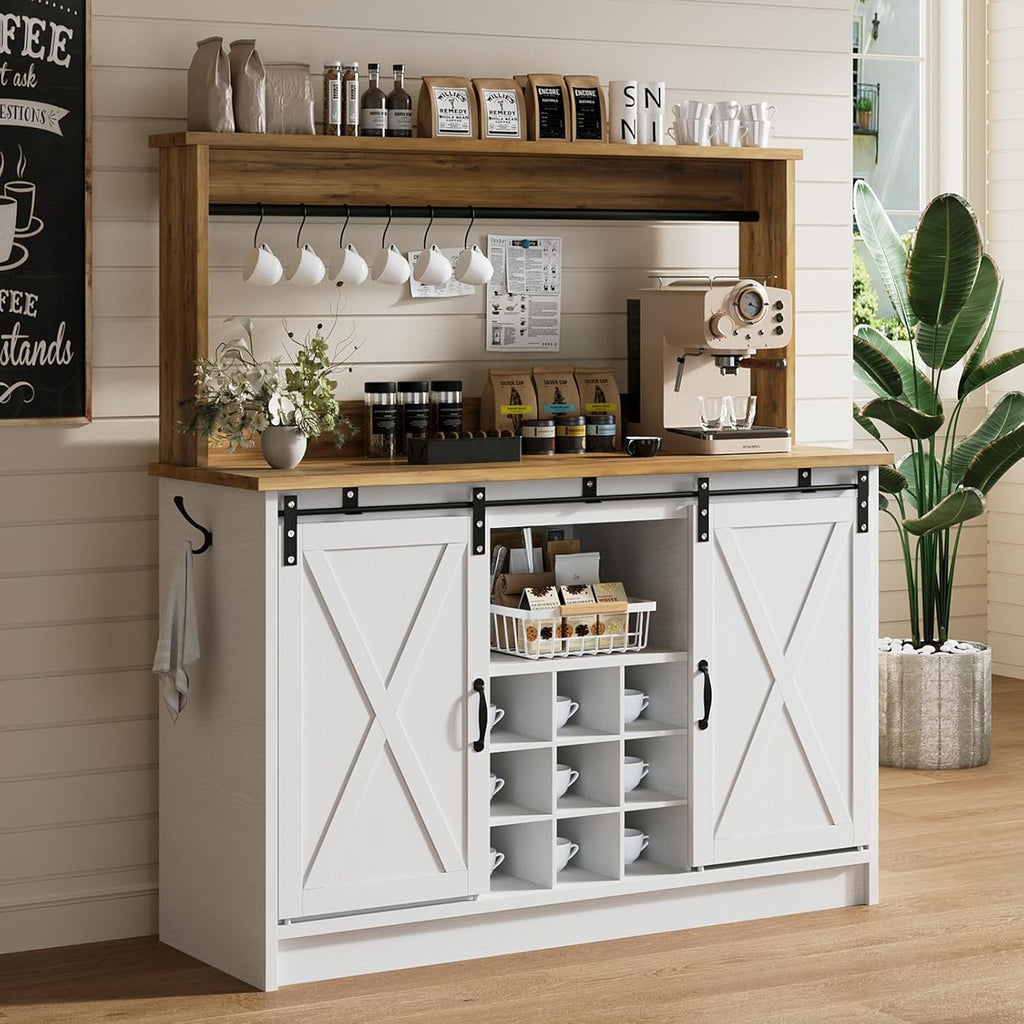 Farmhouse Coffee Bar Cabinet with Storage, 47'' Buffet Cabinet with Hutch and Sliding Barn Door