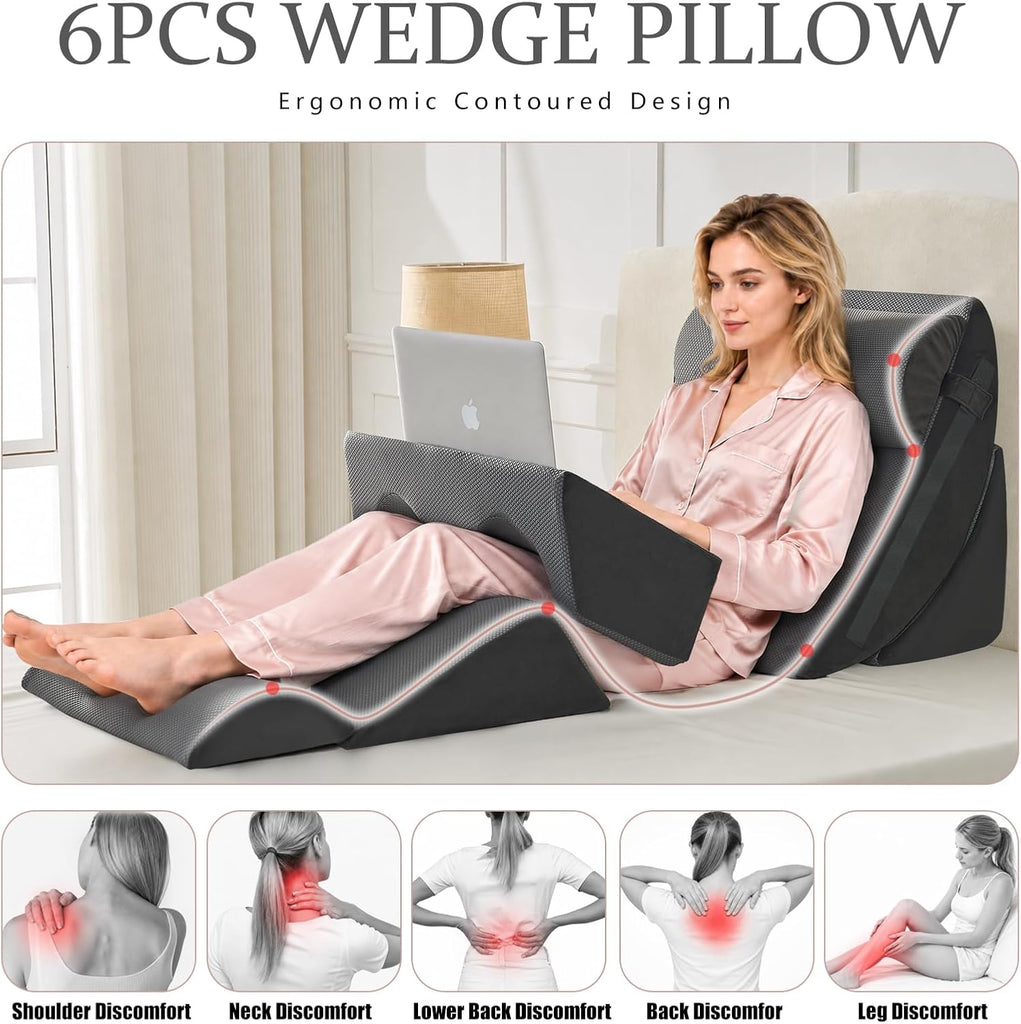 6-Piece Upper Body Rest Wedge Pillow Set for Post-Surgery, Grey | Orthopedic Memory Foam Support, Elevated for
