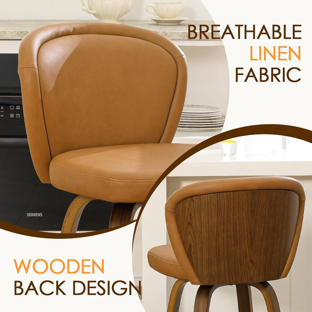 Swivel Counter Height Bar Stools Set of 6, 26 Inch Barstools with Wanlut Wooden Leg and Back, Faux Leather