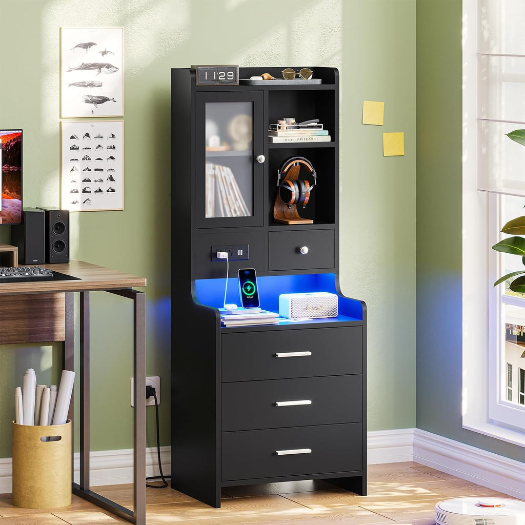 Tall Night Stand with Charging Station and LED Lights,49.2" Nightstand with Bookshelf, Black Bedside Table with